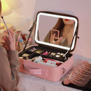 Sensation new large capacity desktop cosmetic storage box waterproof leather travel portable makeup bag case with LED light mirror Pink color