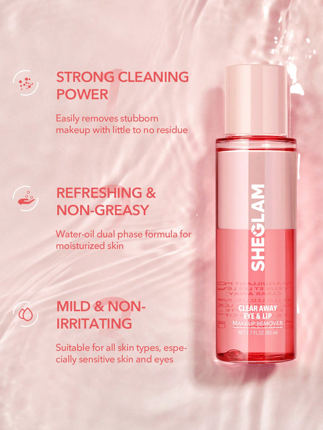 SHEGLAM CLEAR AWAY EYE & LIP MAKEUP REMOVER - PINK - 80ML