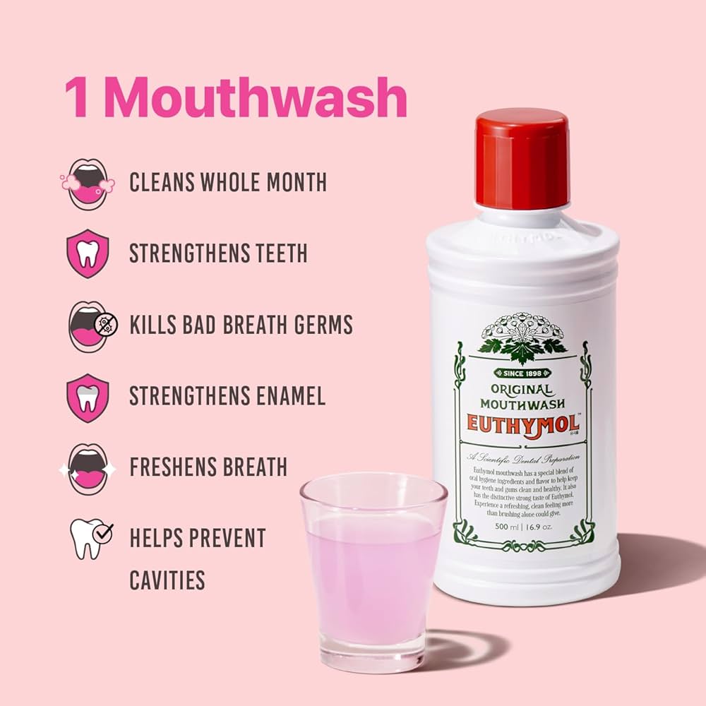 Euthymol Original Mouthwash Fresh Breath Euthymol Original Toothpaste Flavor Natural Oral Rinse Liquid with Menthol Pink Jelly Mouthwash for Treating Bad Breath 500ml  "