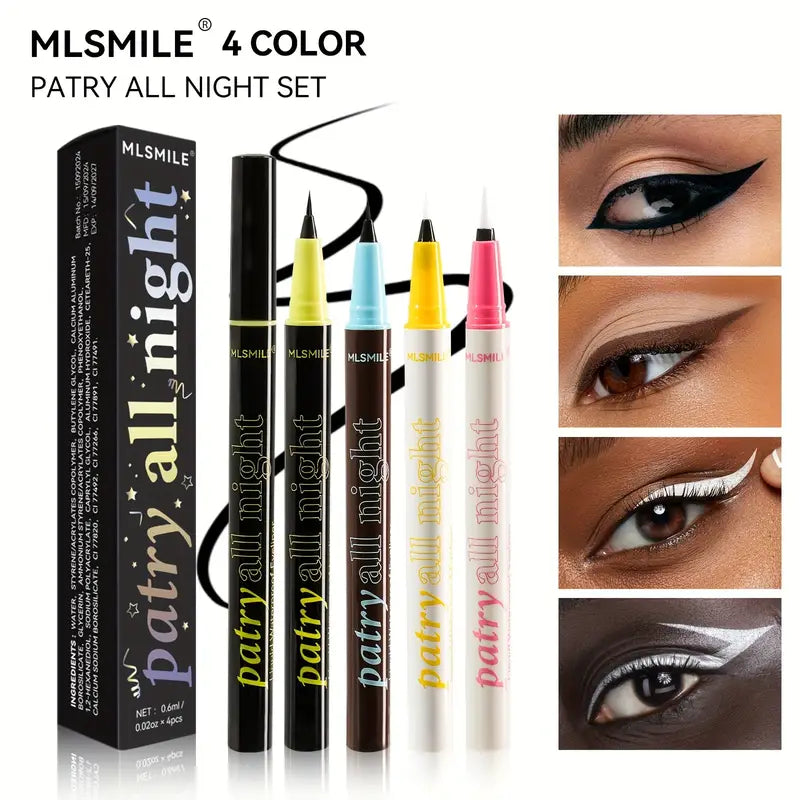 MLSMILE waterproof eyeliner black, brown, white and silver color quick-drying non-smudging eyeliner liquid 4 eyeliners