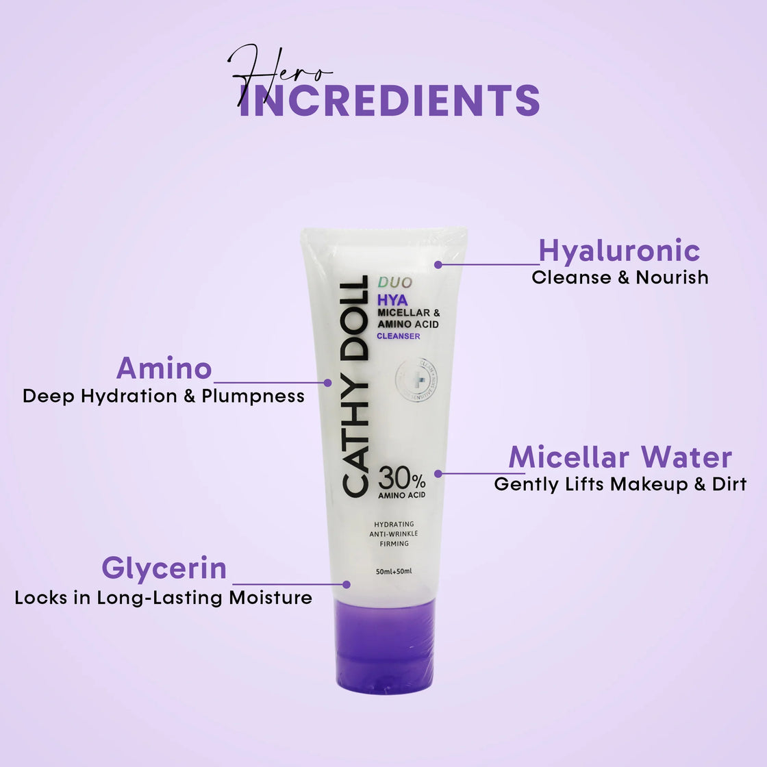 Cathy Doll Duo Hya Micellar & Amino Acid Cleanser 50 ml. + 50 ml., Gentle 2 in 1 cleanser with hyaluronic acid, micellar water and amino acids 50 ml. + 50 ml