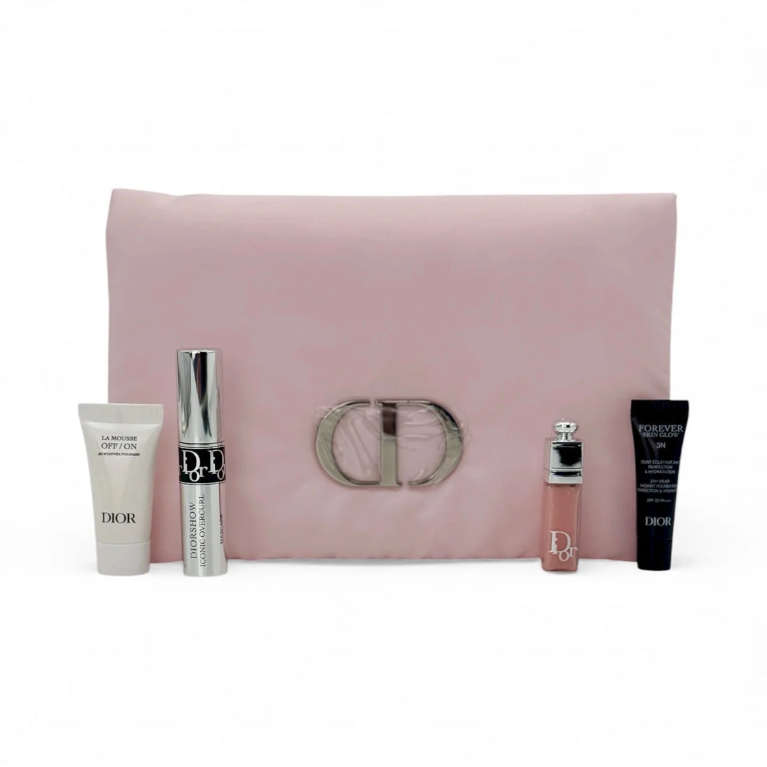 Dior Pink Makeup Bag Set -Miss Dior Blooming Bouquet Eau de Toilette 5ML -Addict Lip Maximizer 2ml #001 -Forever 24H No Transfer High