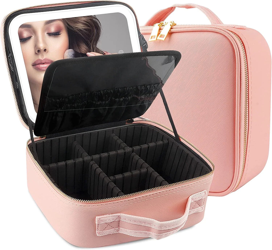 Sensation new large capacity desktop cosmetic storage box waterproof leather travel portable makeup bag case with LED light mirror Pink color