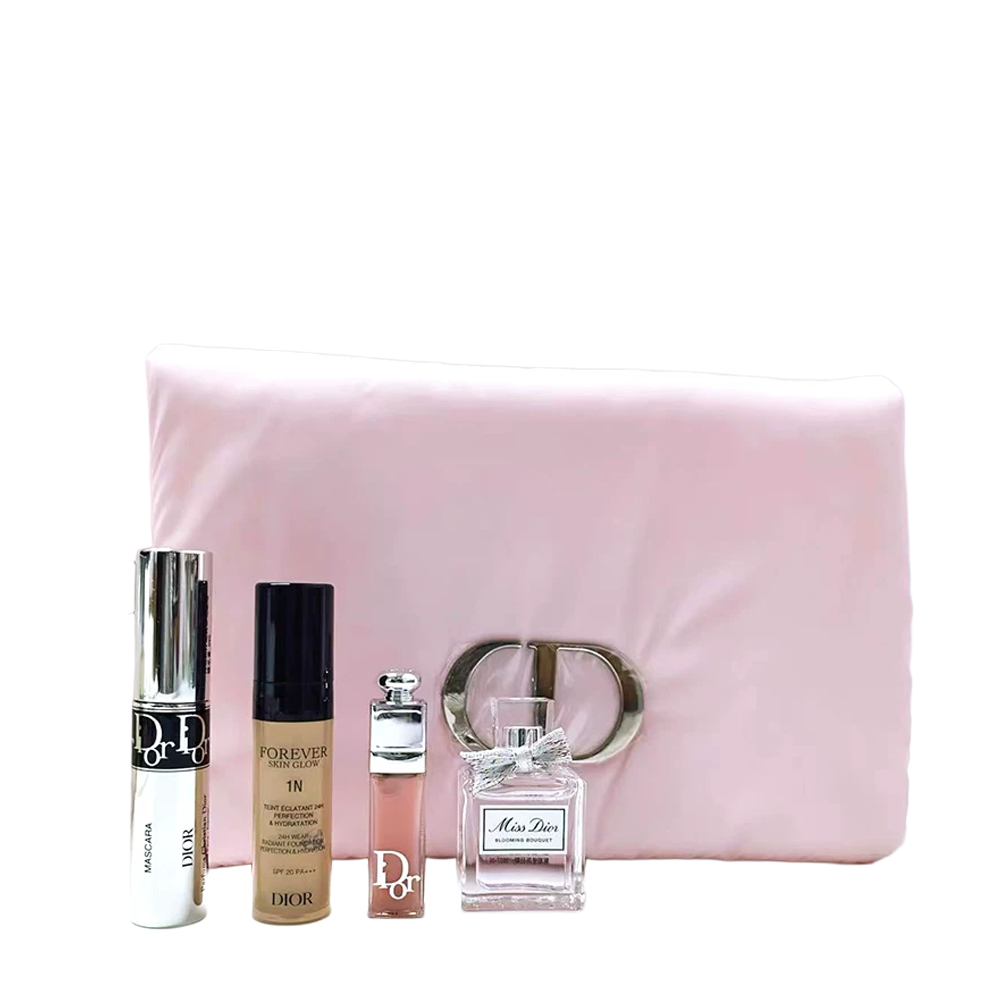 Dior Pink Makeup Bag Set -Miss Dior Blooming Bouquet Eau de Toilette 5ML -Addict Lip Maximizer 2ml #001 -Forever 24H No Transfer High