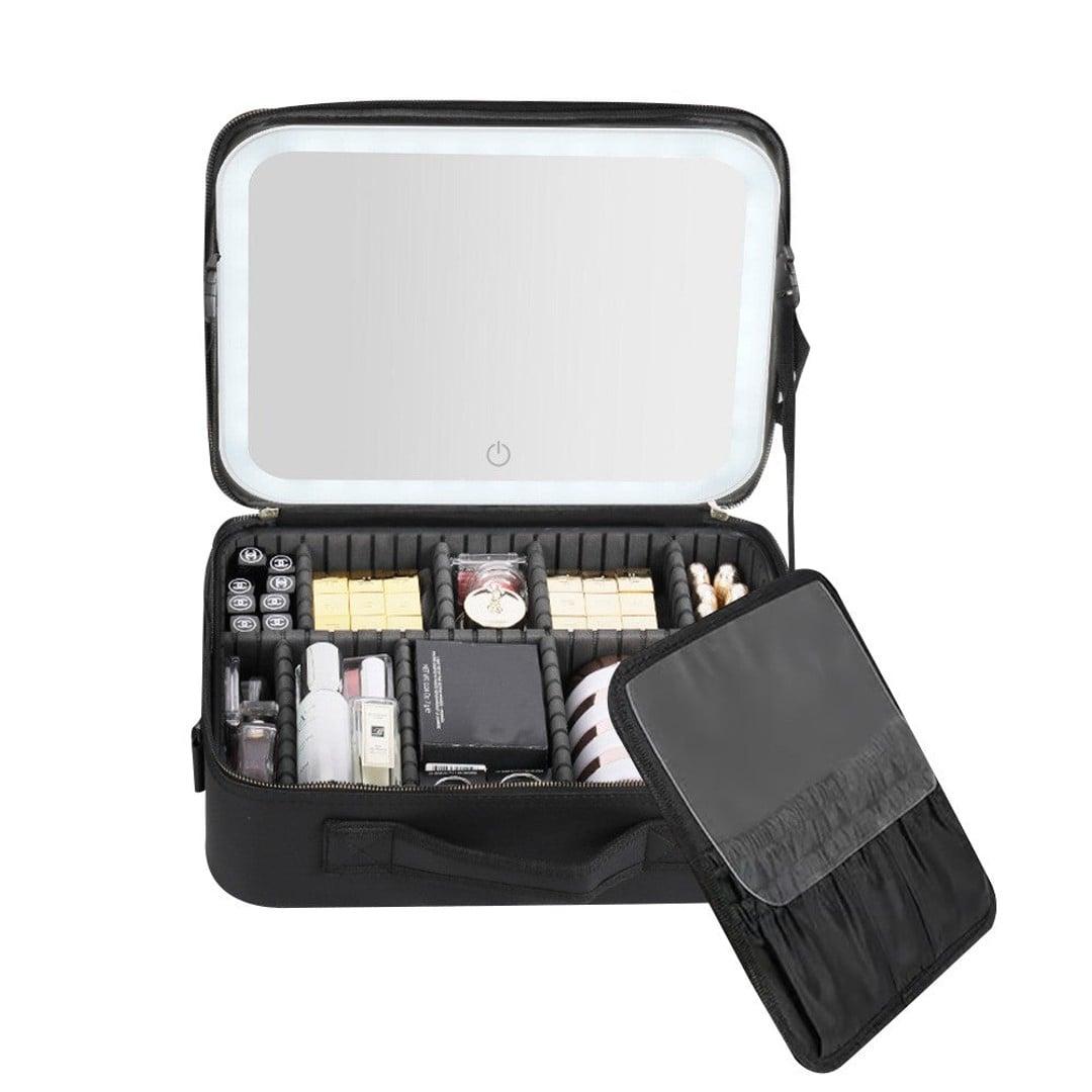 Sensation new large capacity desktop cosmetic storage box waterproof leather travel portable makeup bag case with LED light mirror Black color