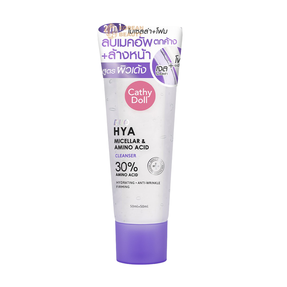 Cathy Doll Duo Hya Micellar & Amino Acid Cleanser 50 ml. + 50 ml., Gentle 2 in 1 cleanser with hyaluronic acid, micellar water and amino acids 50 ml. + 50 ml