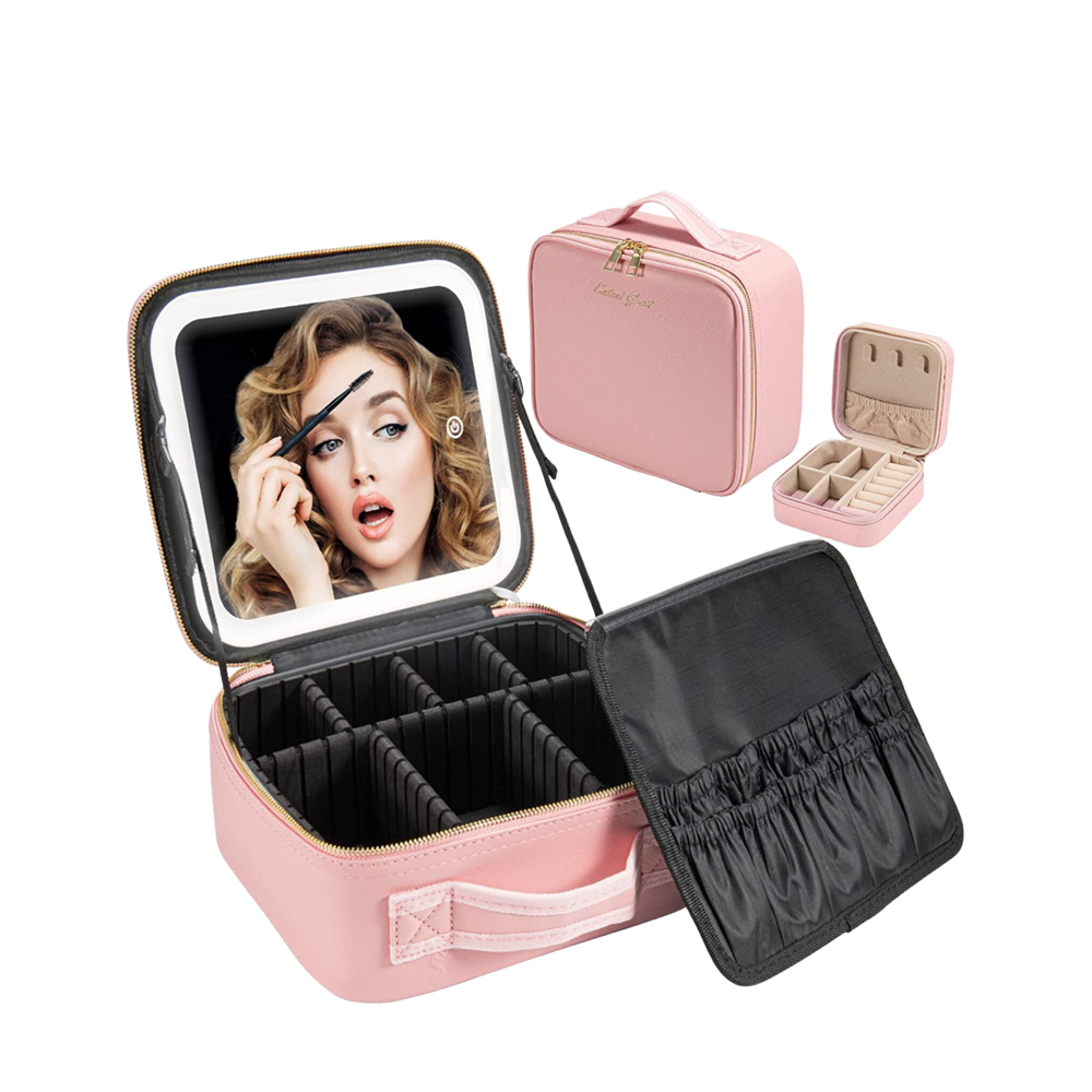 Sensation new large capacity desktop cosmetic storage box waterproof leather travel portable makeup bag case with LED light mirror Pink color